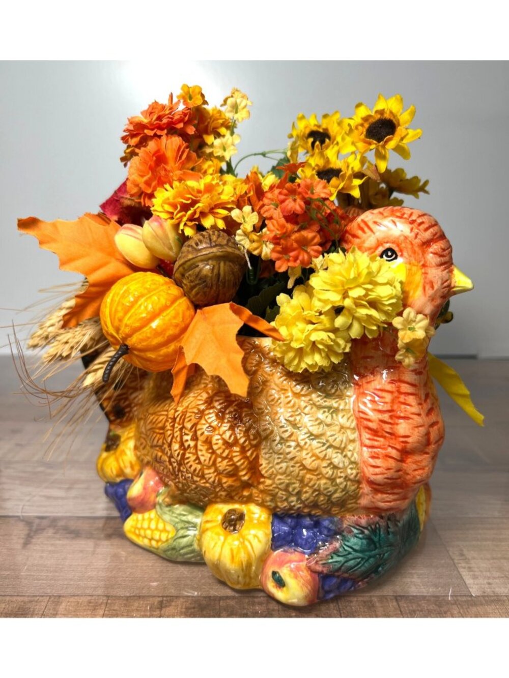 Ceramic Turkey Centerpiece With Faux Flowers & Gourds